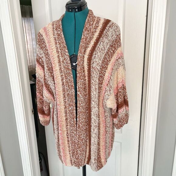 J. Jill Chunky Knit Stripe Open Front Cotton 3/4 Sleeve Cozy Cardigan Sweater - Picture 3 of 11